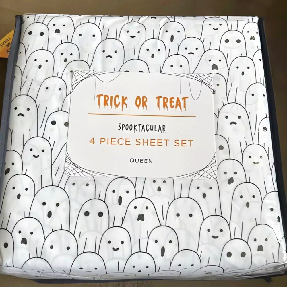 Trick or Treat Ghosts QUEEN Size Sheet Set Black White Halloween Spooky Ghost